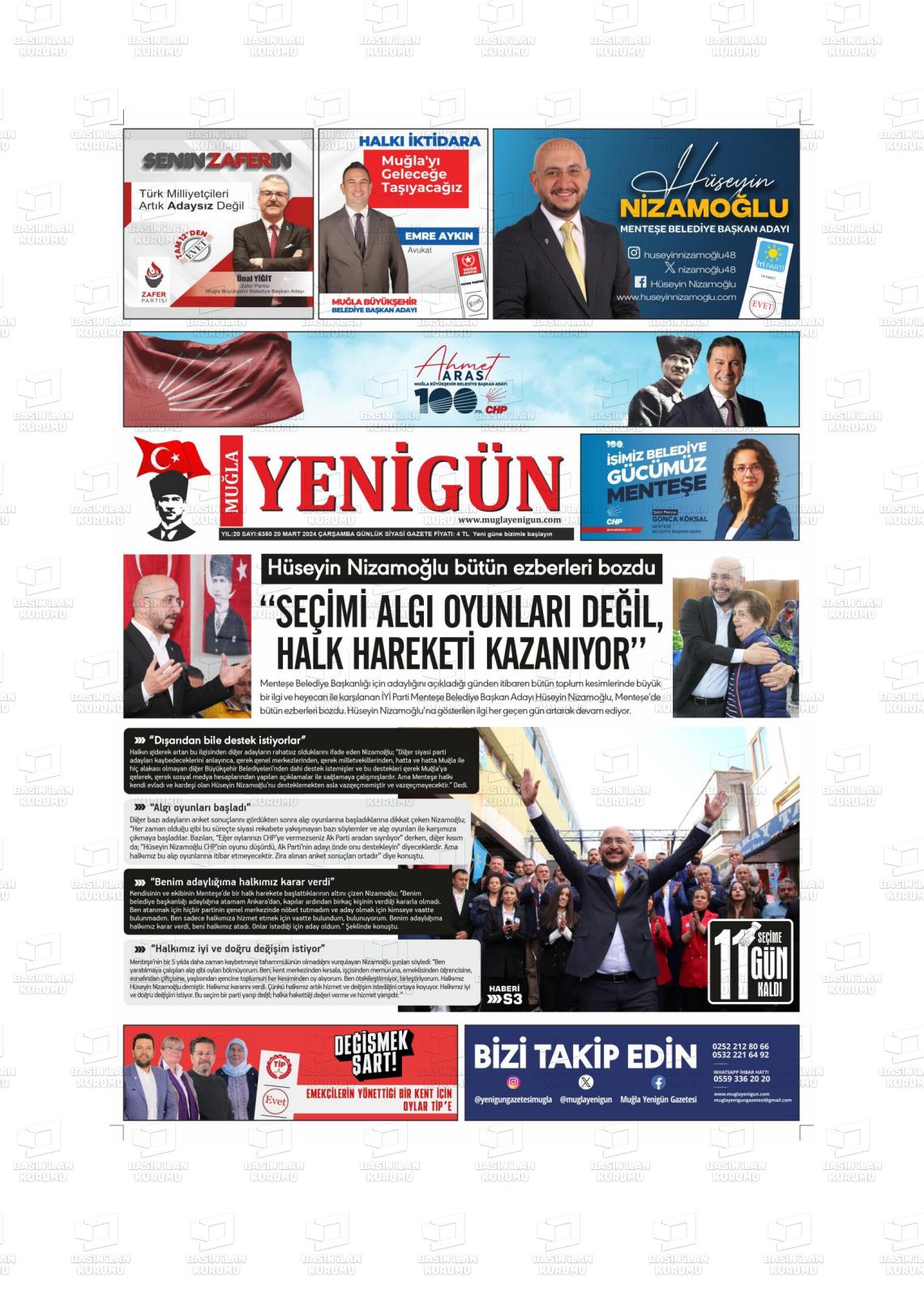 20 Mart 2024 Muğla Yenigün Gazete Manşeti