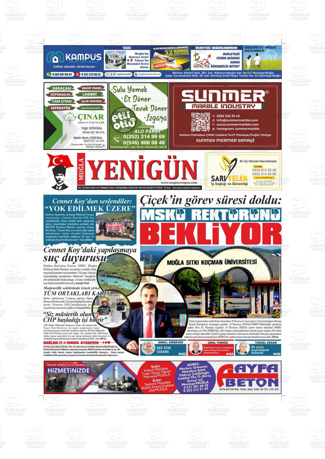 20 Temmuz 2022 Muğla Yenigün Gazete Manşeti