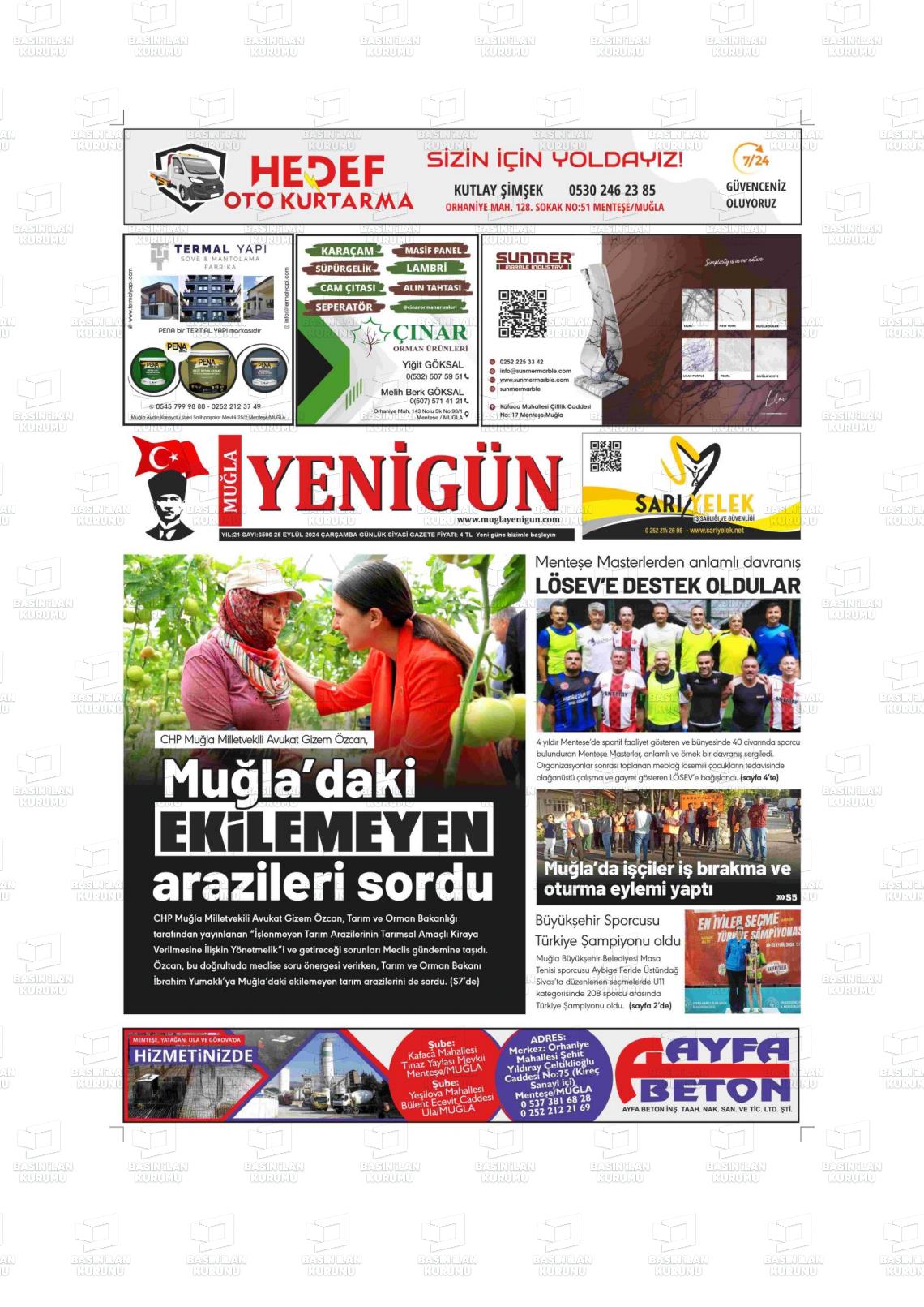 25 Eylül 2024 Muğla Yenigün Gazete Manşeti