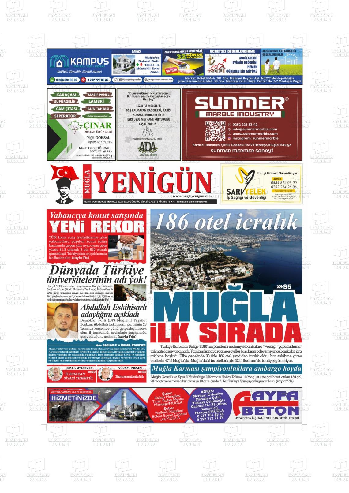 26 Temmuz 2022 Muğla Yenigün Gazete Manşeti