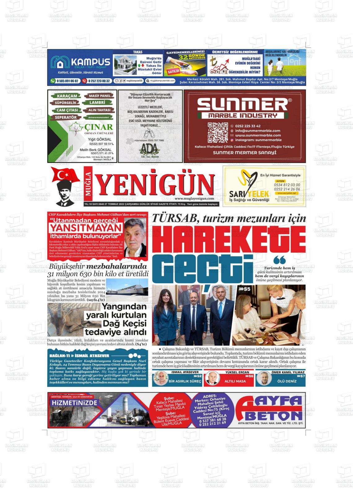 27 Temmuz 2022 Muğla Yenigün Gazete Manşeti