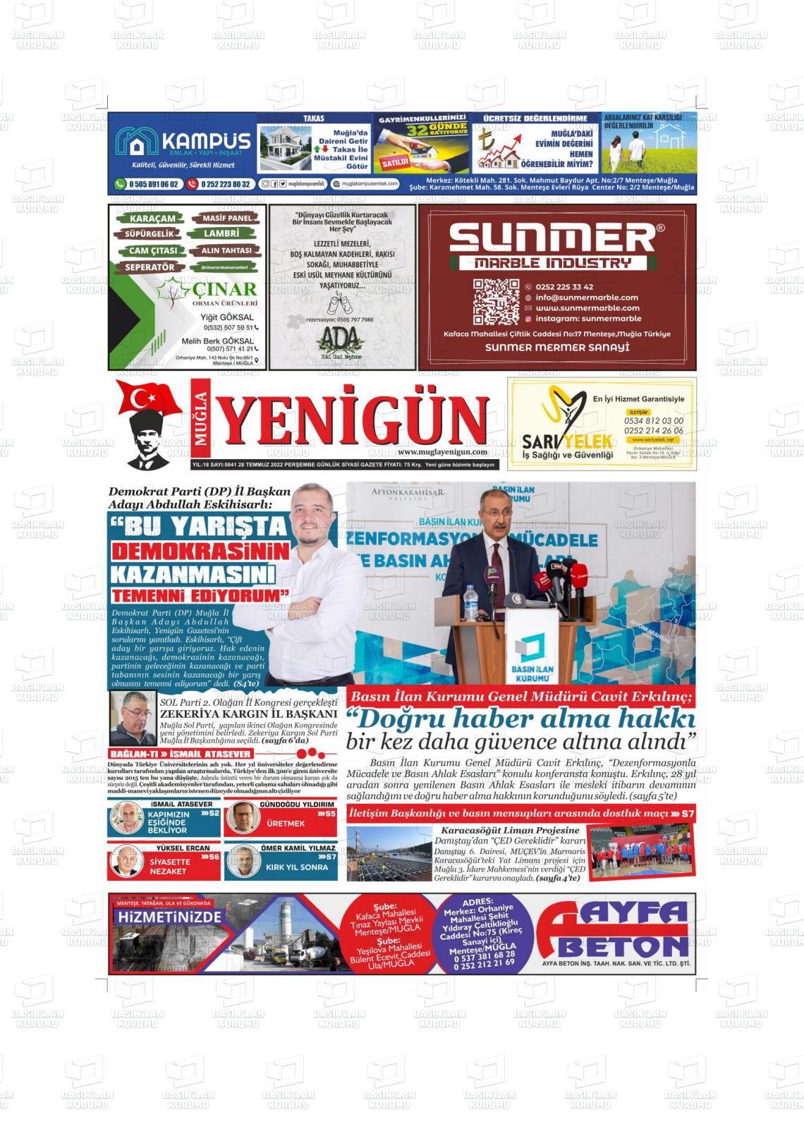 28 Temmuz 2022 Muğla Yenigün Gazete Manşeti