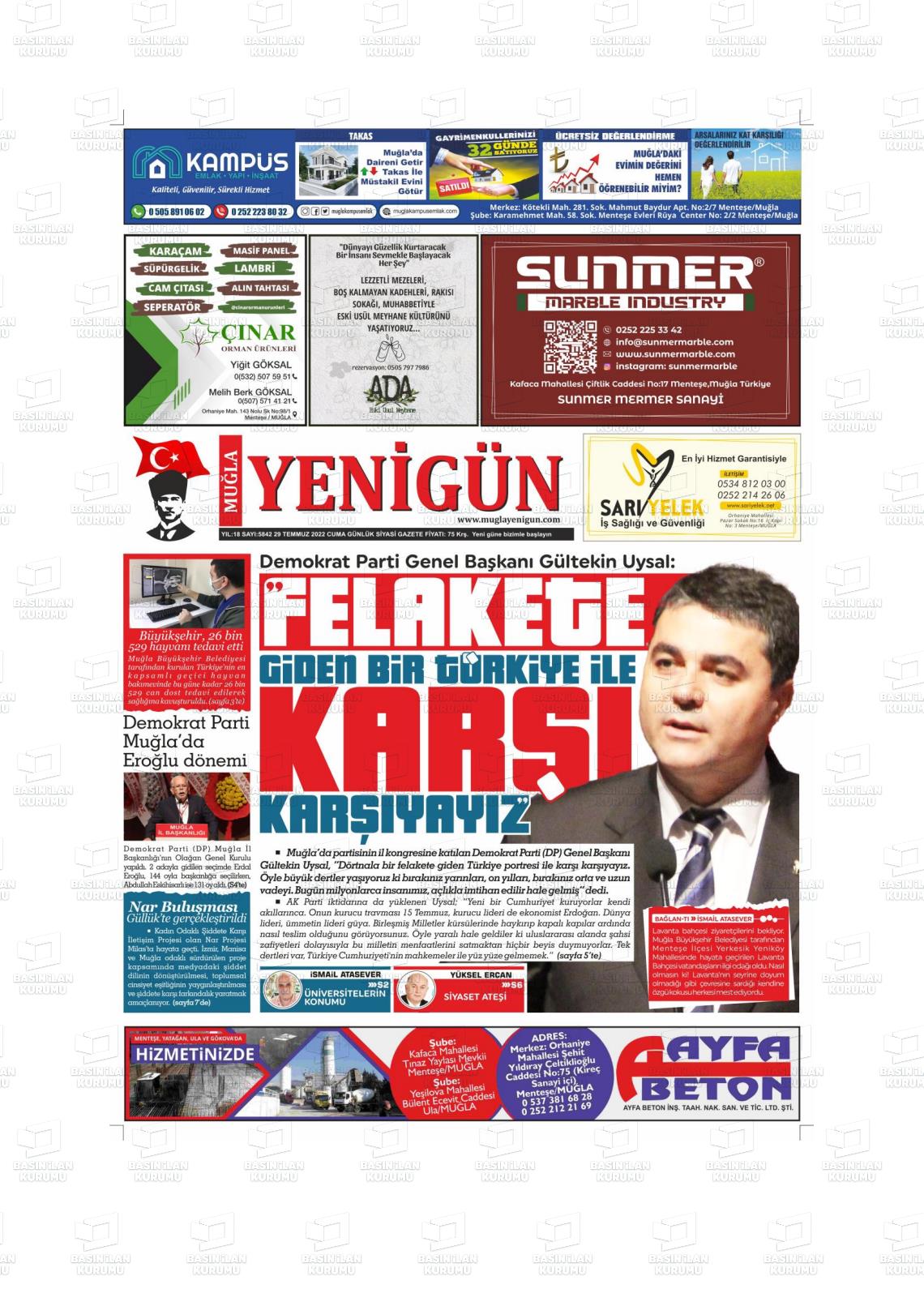 29 Temmuz 2022 Muğla Yenigün Gazete Manşeti