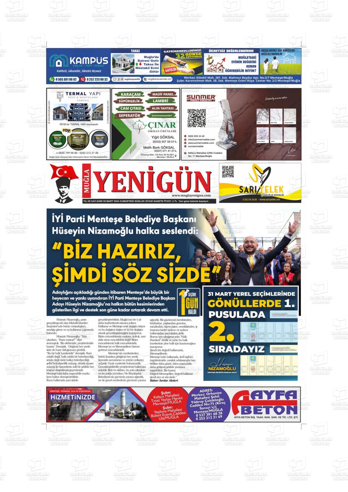 30 Mart 2024 Muğla Yenigün Gazete Manşeti