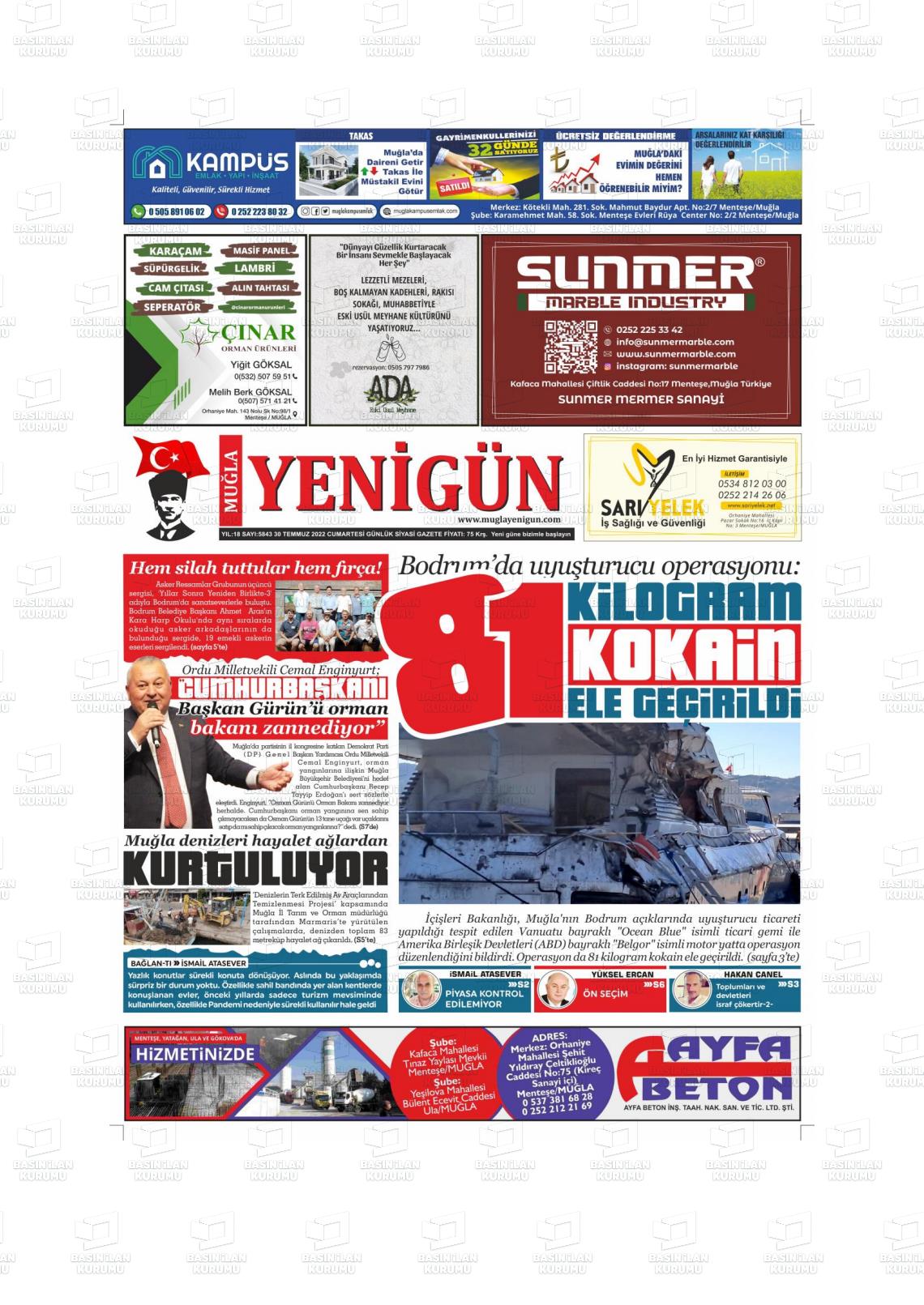 30 Temmuz 2022 Muğla Yenigün Gazete Manşeti