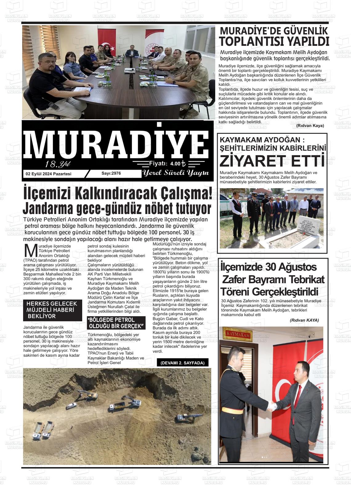 02 Eylül 2024 Muradiye Gazete Manşeti