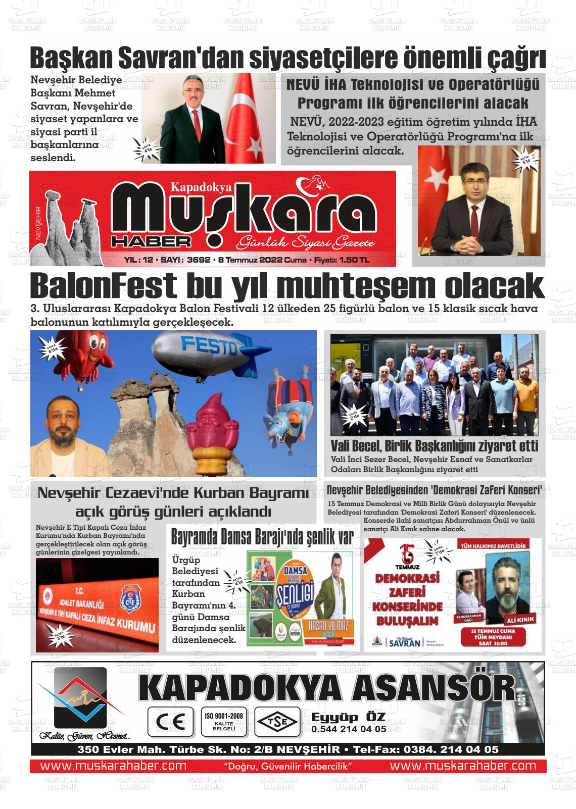 08 Temmuz 2022 Muşkara Haber Gazete Manşeti