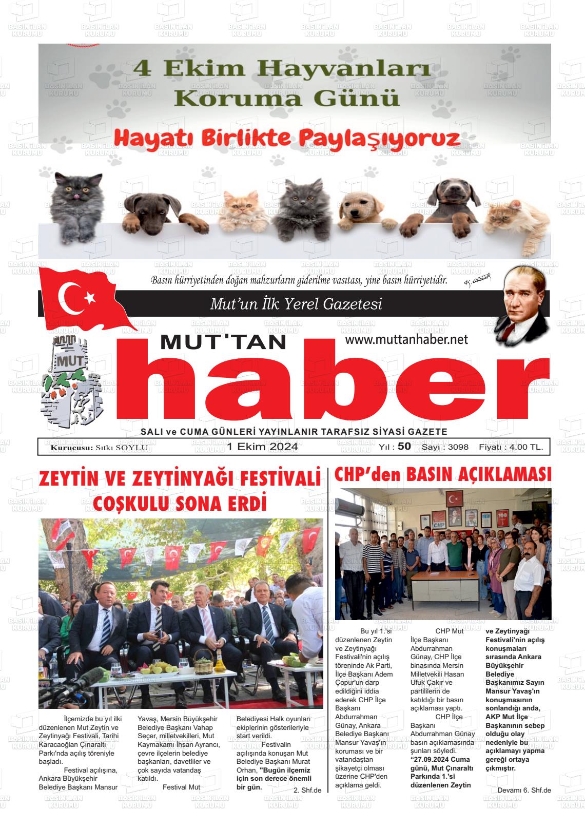 01 Ekim 2024 Mut'tan Haber Gazete Manşeti