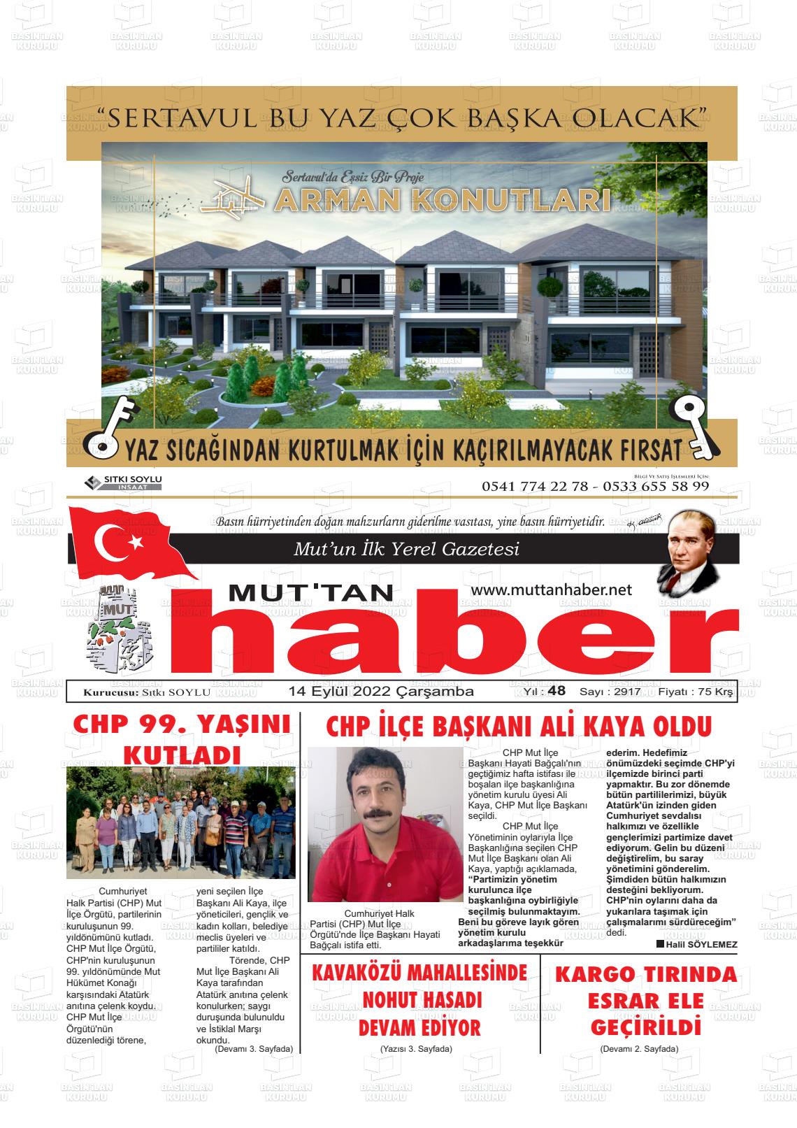 14 Eylül 2022 Mut'tan Haber Gazete Manşeti