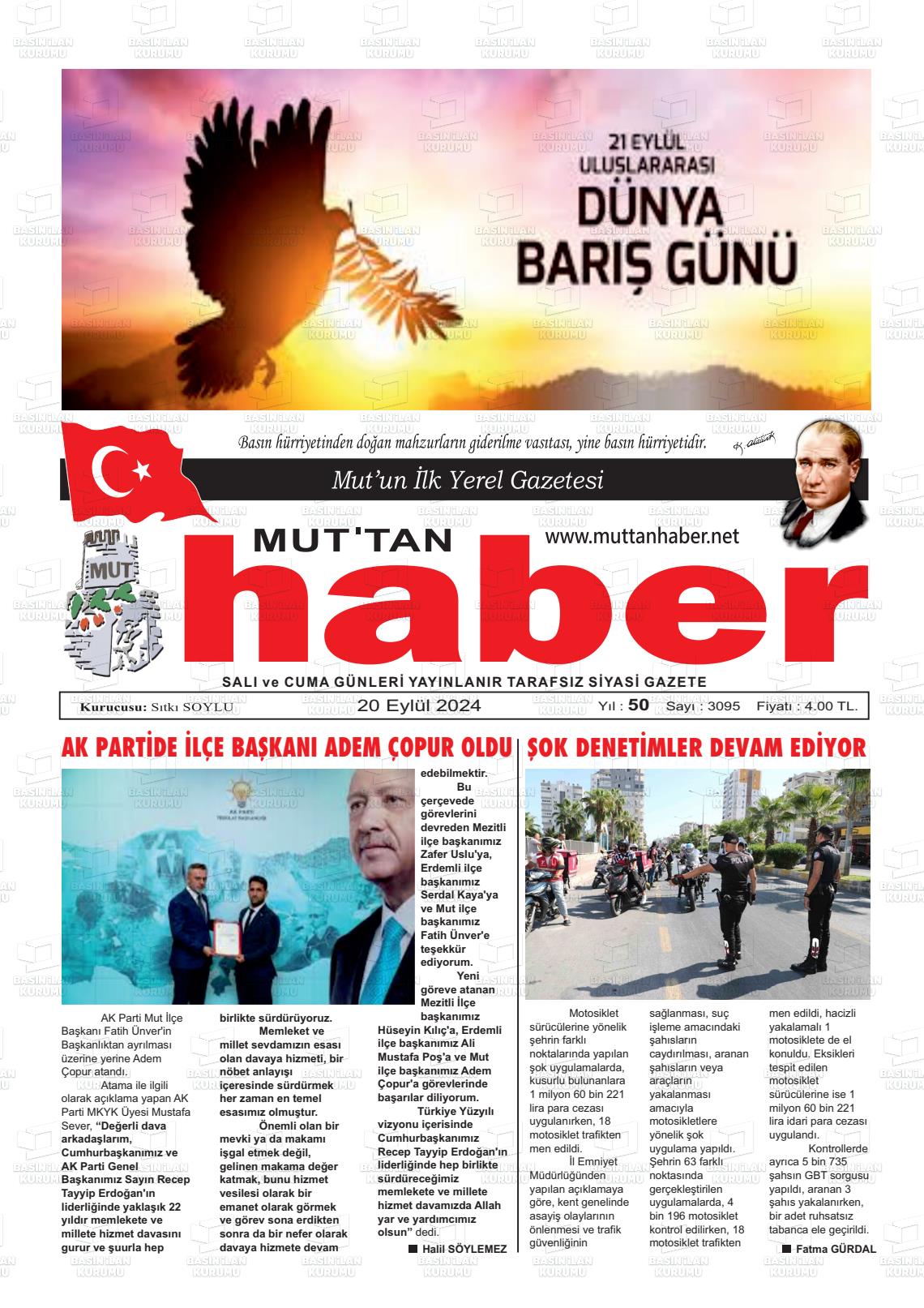 20 Eylül 2024 Mut'tan Haber Gazete Manşeti