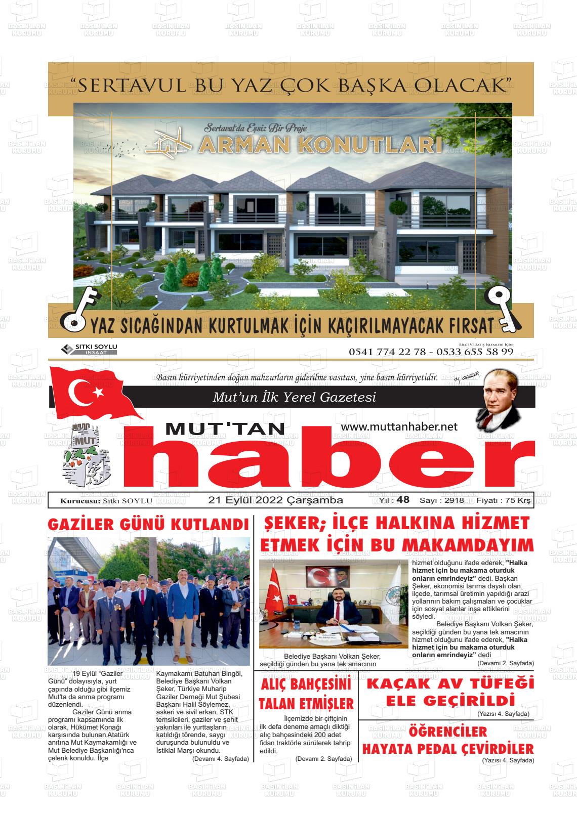 21 Eylül 2022 Mut'tan Haber Gazete Manşeti