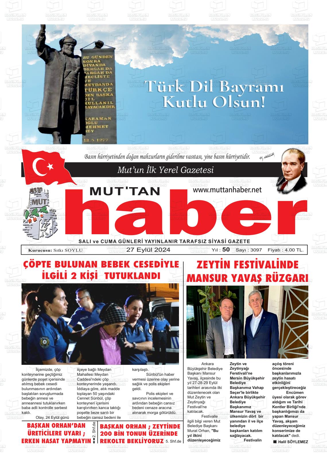 27 Eylül 2024 Mut'tan Haber Gazete Manşeti