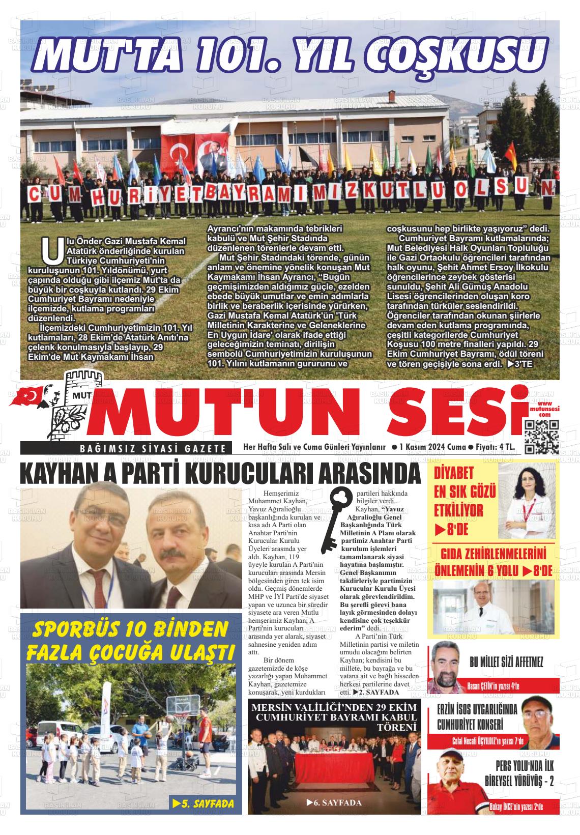 01 Kasım 2024 Mut'un Sesi Gazete Manşeti