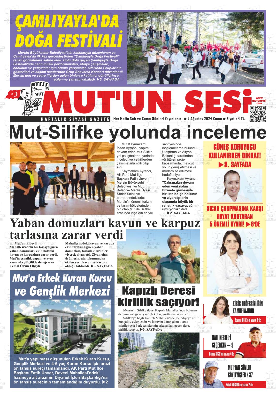 02 Ağustos 2024 Mut'un Sesi Gazete Manşeti