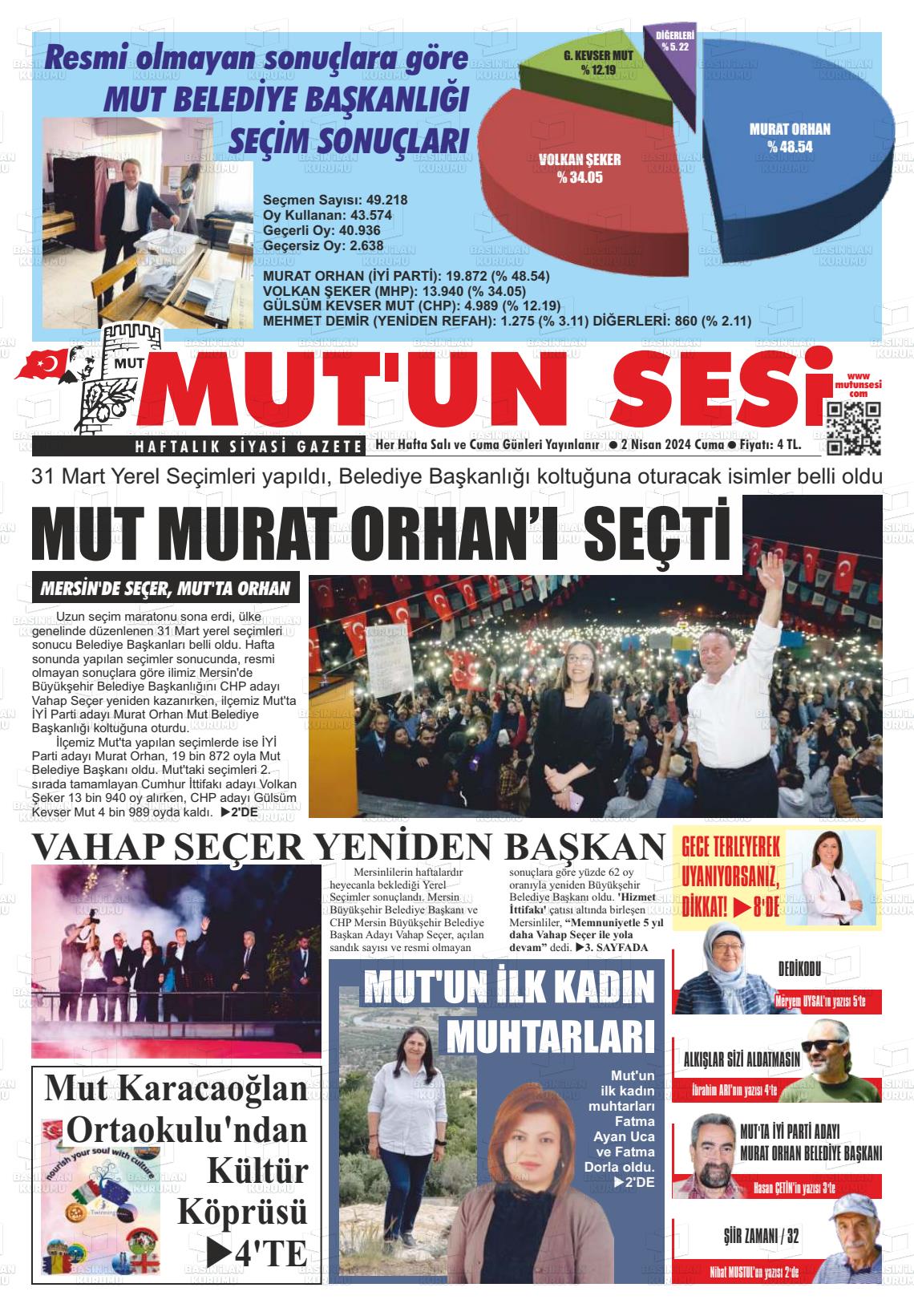 02 Nisan 2024 Mut'un Sesi Gazete Manşeti