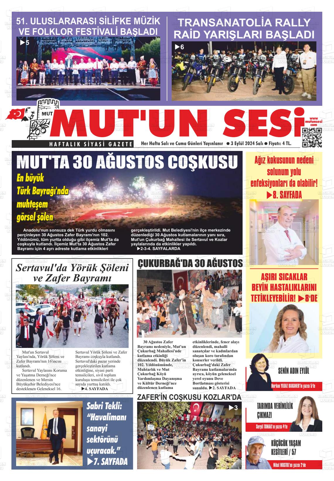 03 Eylül 2024 Mut'un Sesi Gazete Manşeti