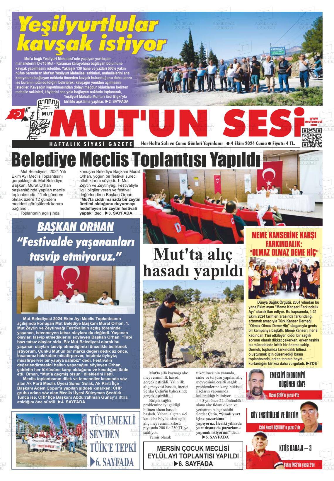 04 Ekim 2024 Mut'un Sesi Gazete Manşeti