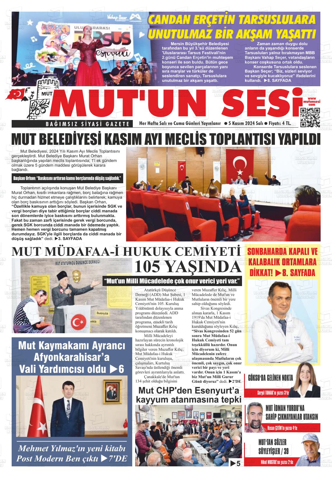 05 Kasım 2024 Mut'un Sesi Gazete Manşeti