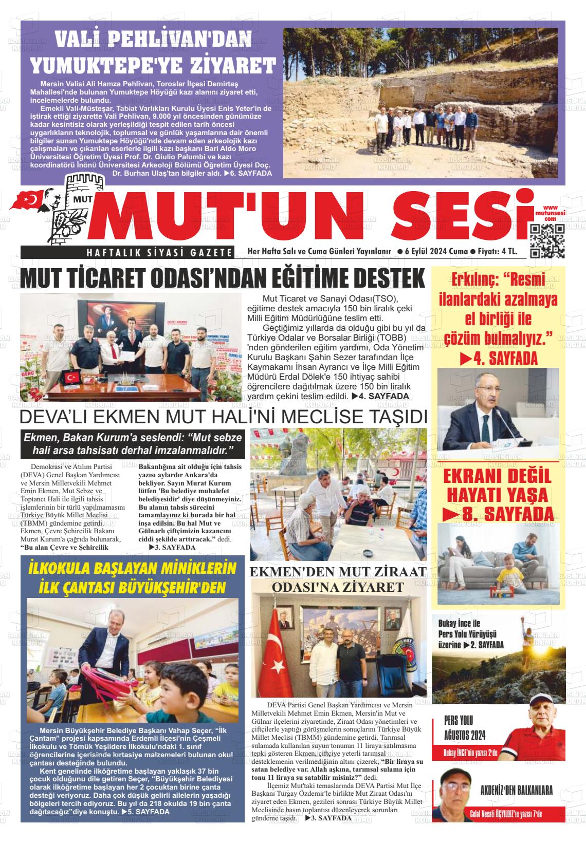 06 Eylül 2024 Mut'un Sesi Gazete Manşeti