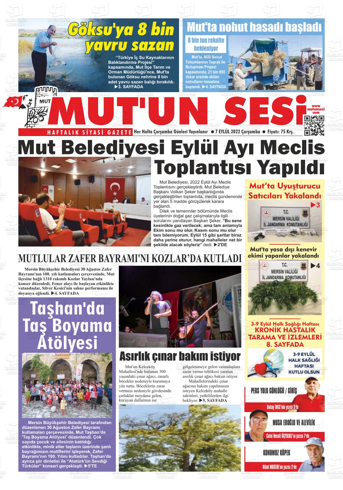 07 Eylül 2022 Mut'un Sesi Gazete Manşeti