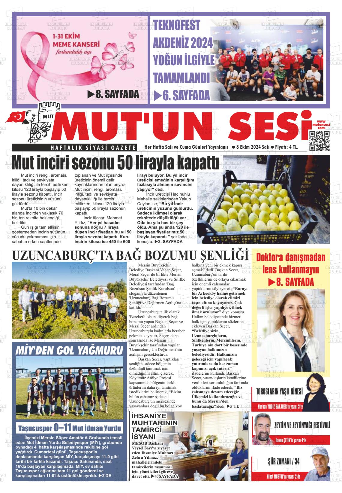 08 Ekim 2024 Mut'un Sesi Gazete Manşeti