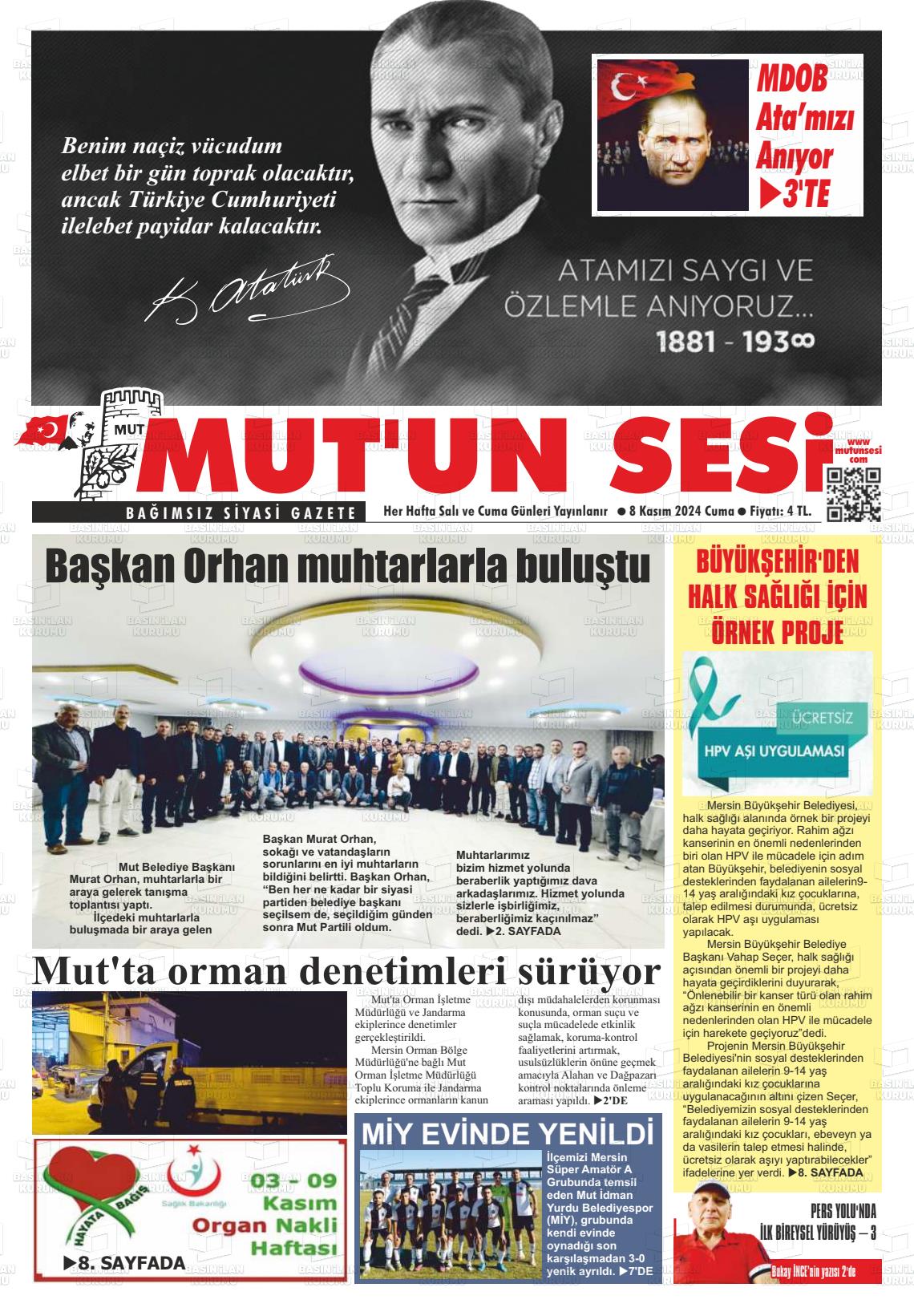 08 Kasım 2024 Mut'un Sesi Gazete Manşeti