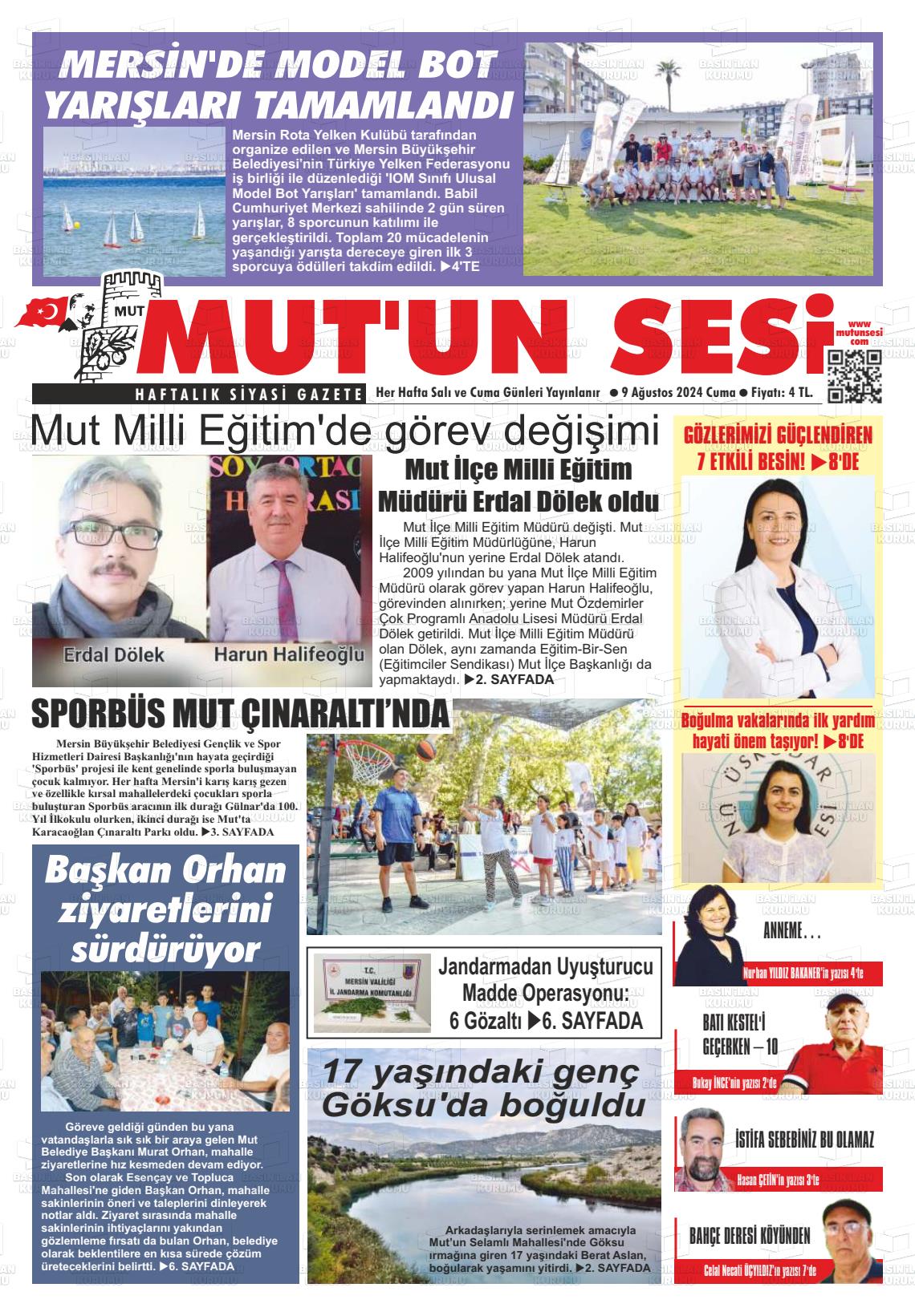 09 Ağustos 2024 Mut'un Sesi Gazete Manşeti