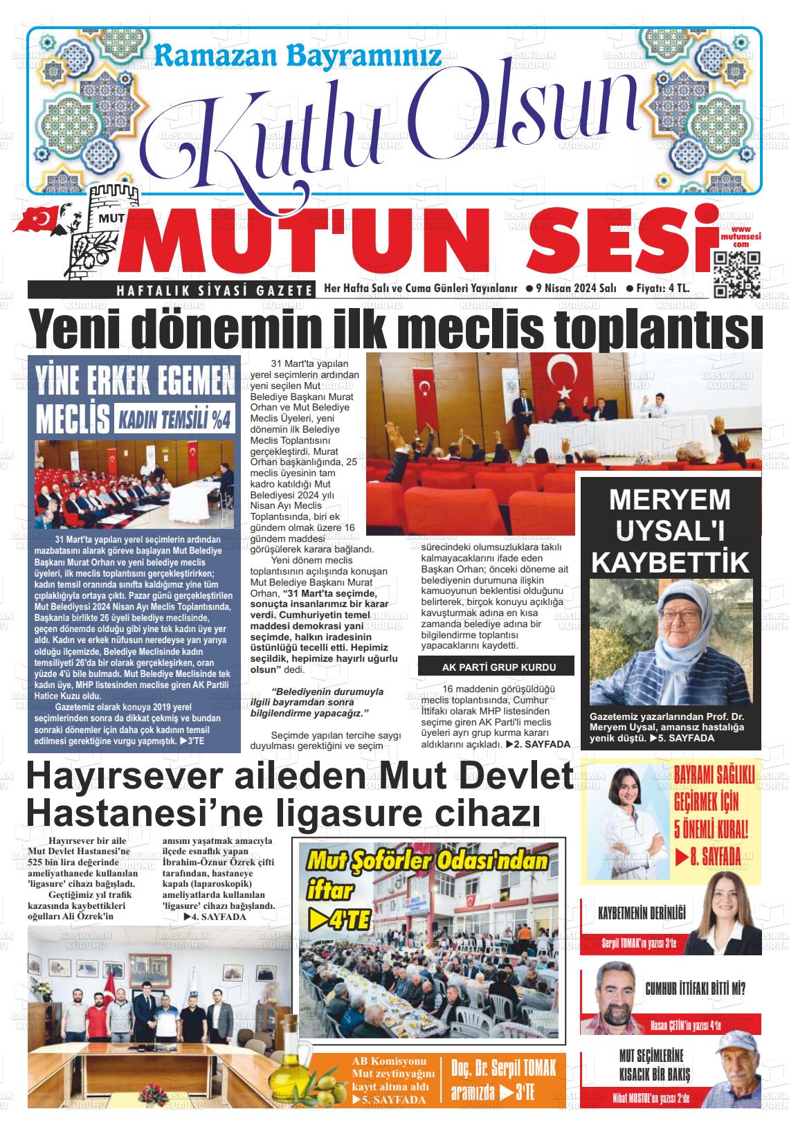 09 Nisan 2024 Mut'un Sesi Gazete Manşeti