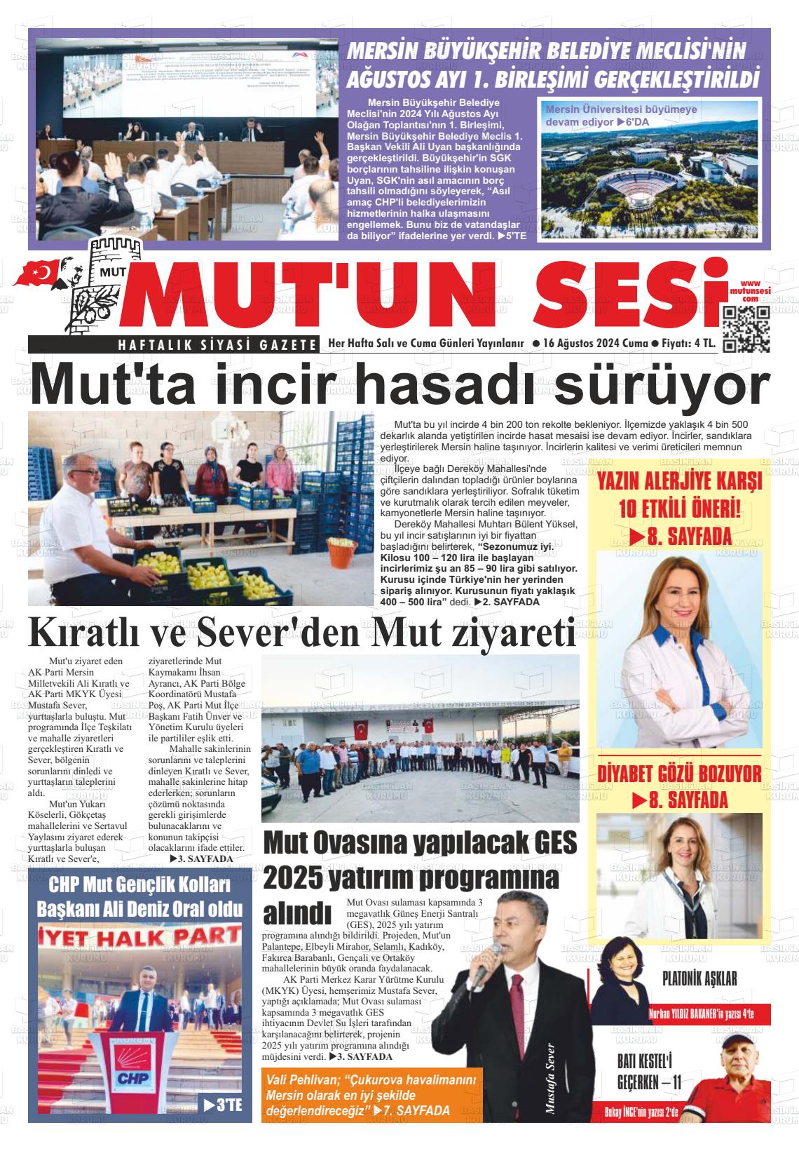 16 Ağustos 2024 Mut'un Sesi Gazete Manşeti