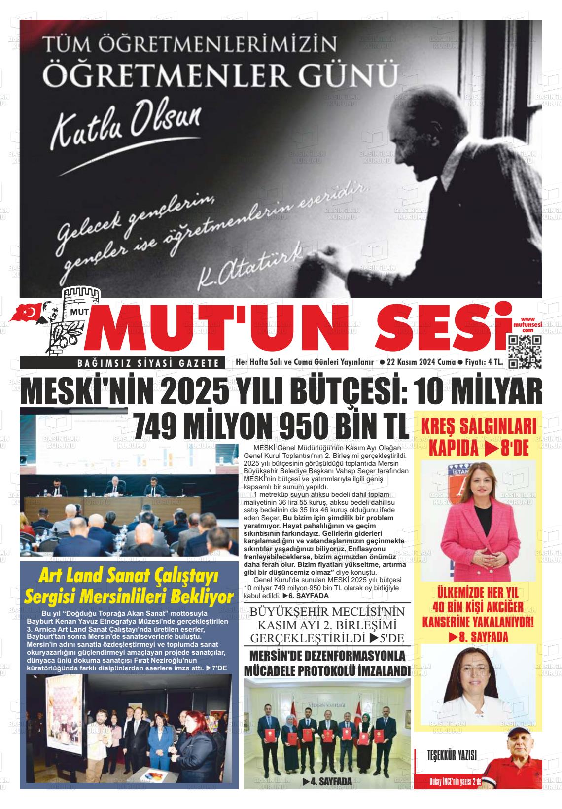 22 Kasım 2024 Mut'un Sesi Gazete Manşeti