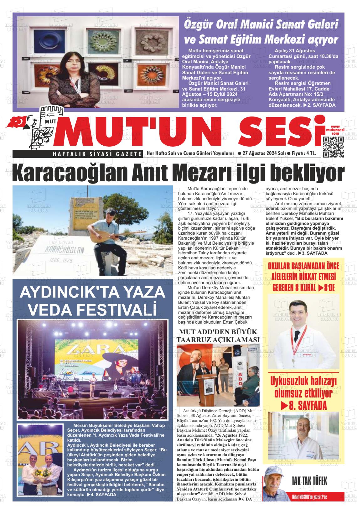 27 Ağustos 2024 Mut'un Sesi Gazete Manşeti