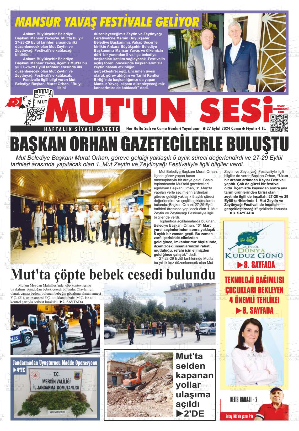 27 Eylül 2024 Mut'un Sesi Gazete Manşeti