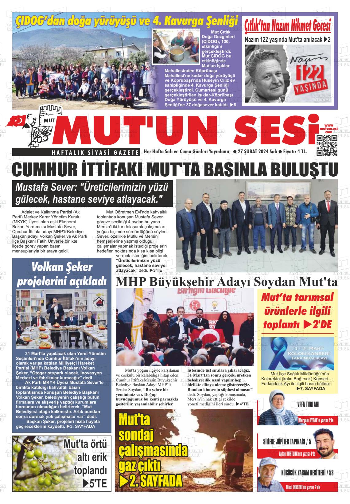 27 Şubat 2024 Mut'un Sesi Gazete Manşeti