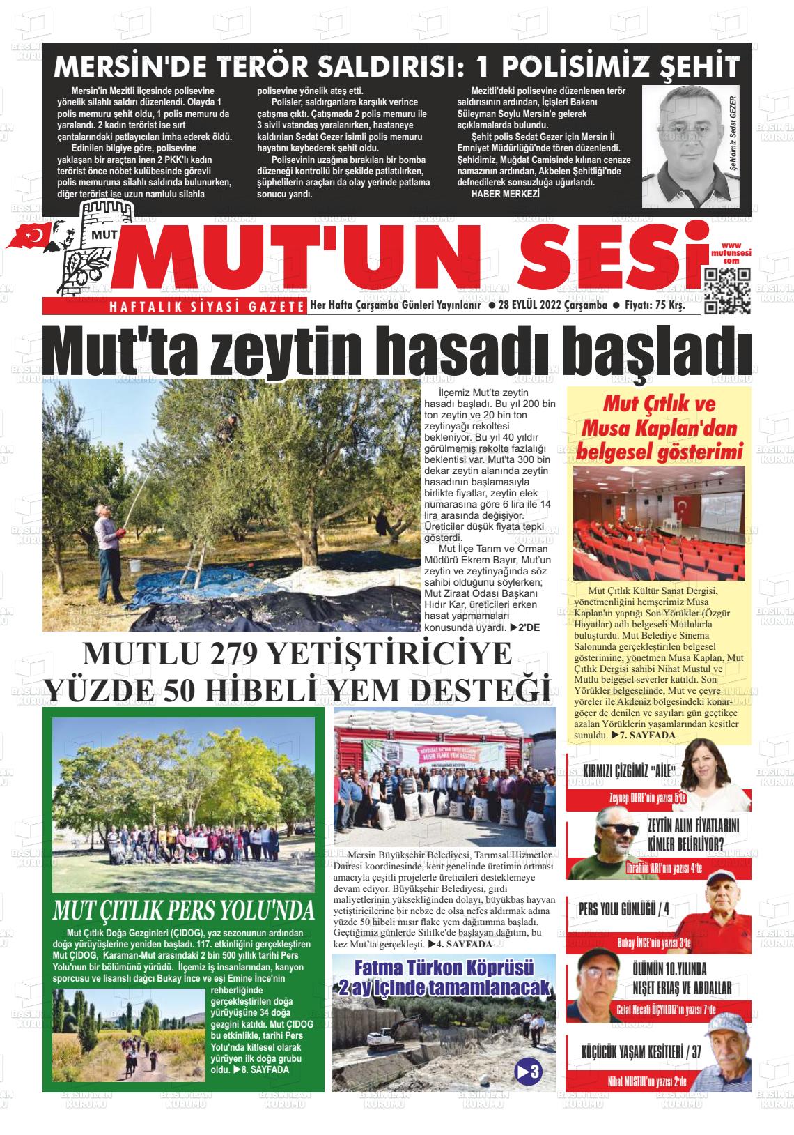 28 Eylül 2022 Mut'un Sesi Gazete Manşeti