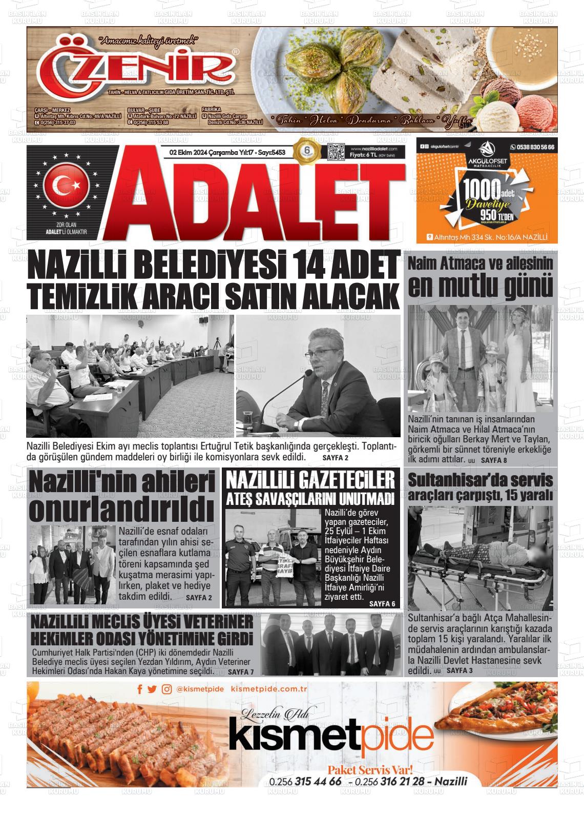 02 Ekim 2024 Nazilli Adalet Gazete Manşeti