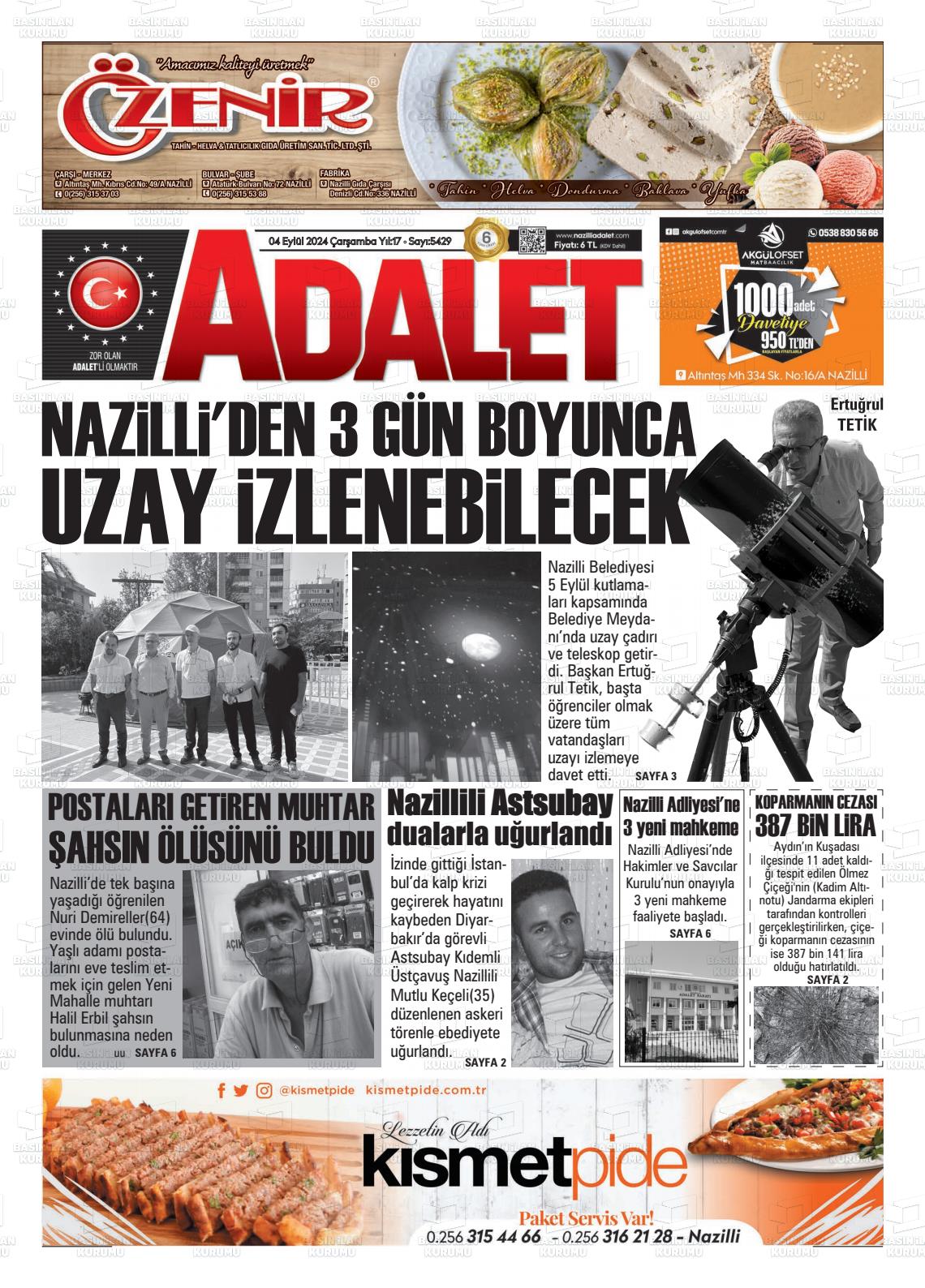 04 Eylül 2024 Nazilli Adalet Gazete Manşeti