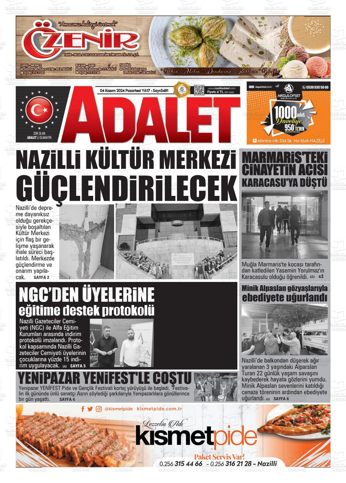 04 Kasım 2024 Nazilli Adalet Gazete Manşeti