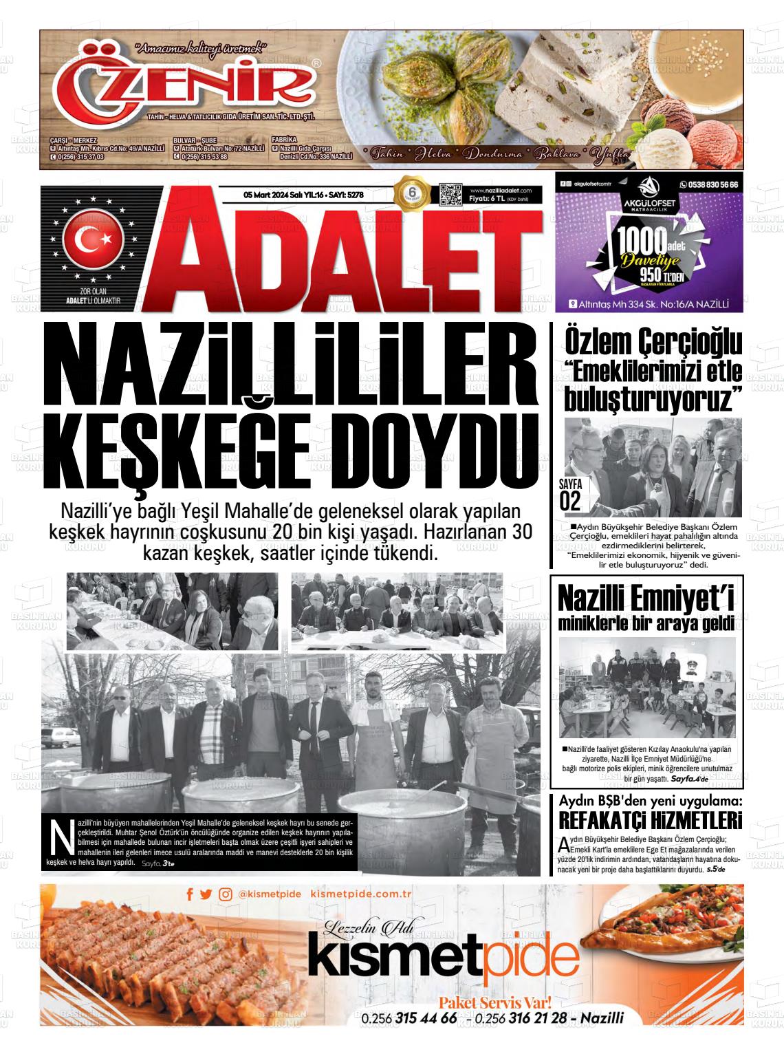 07 Mart 2024 Nazilli Adalet Gazete Manşeti