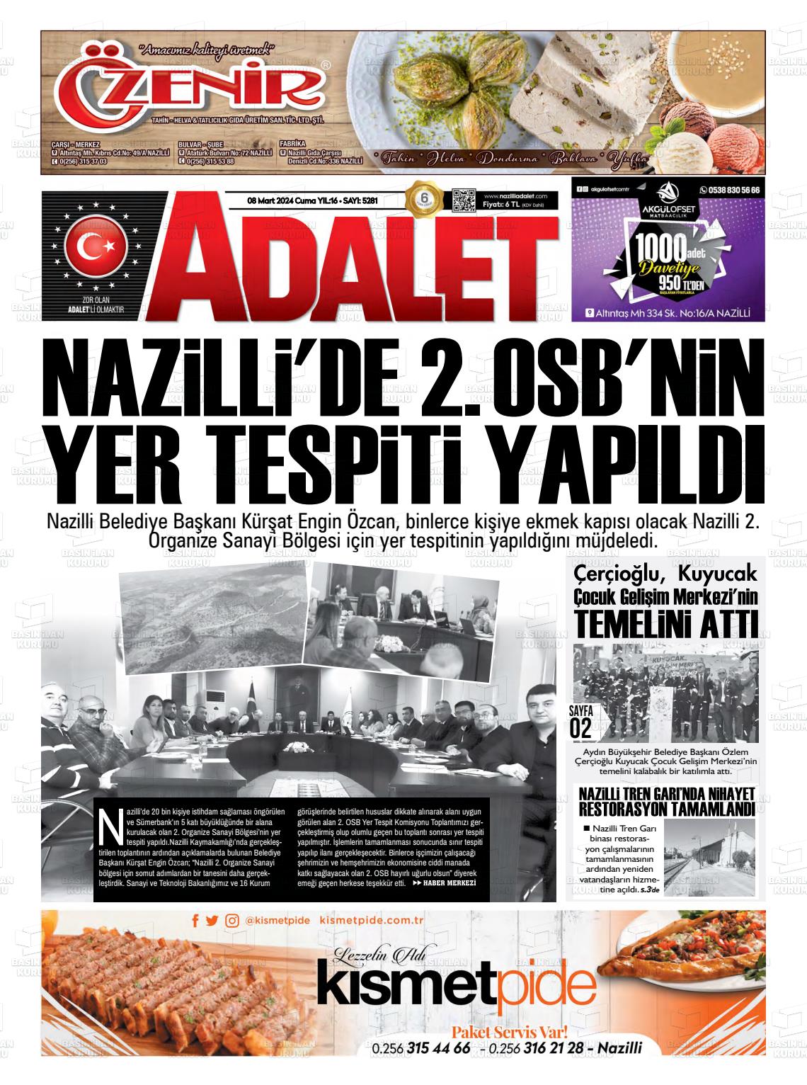 08 Mart 2024 Nazilli Adalet Gazete Manşeti