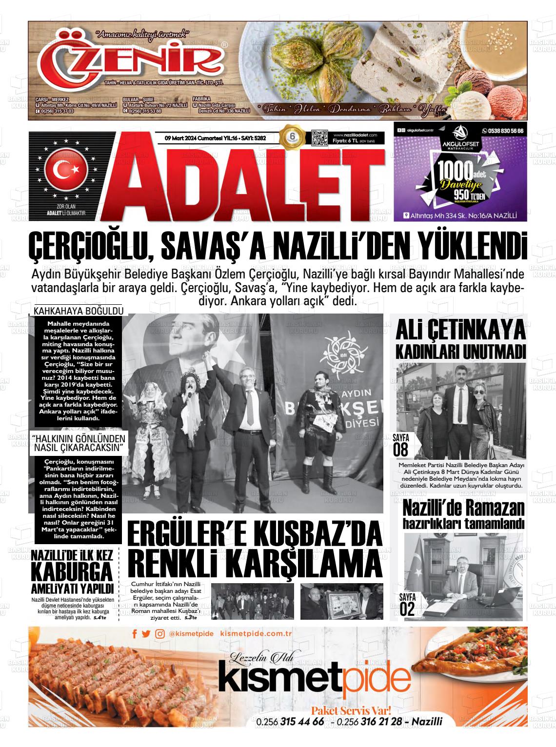 09 Mart 2024 Nazilli Adalet Gazete Manşeti