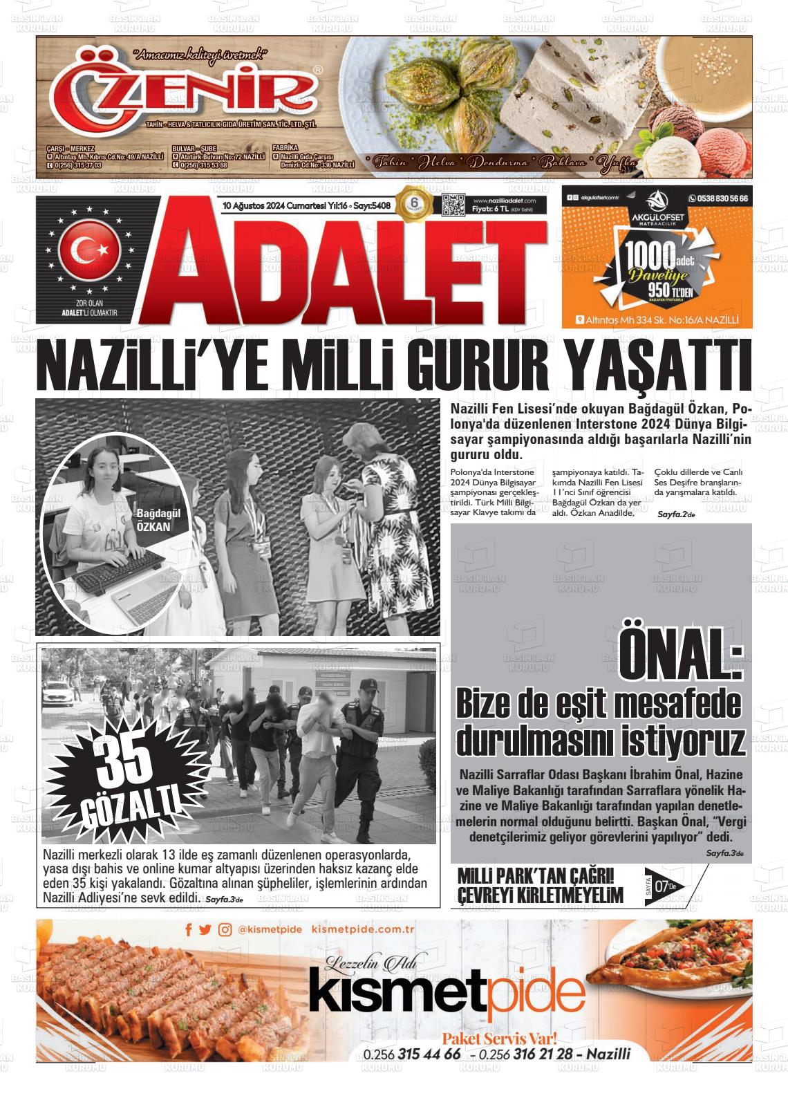 10 Ağustos 2024 Nazilli Adalet Gazete Manşeti