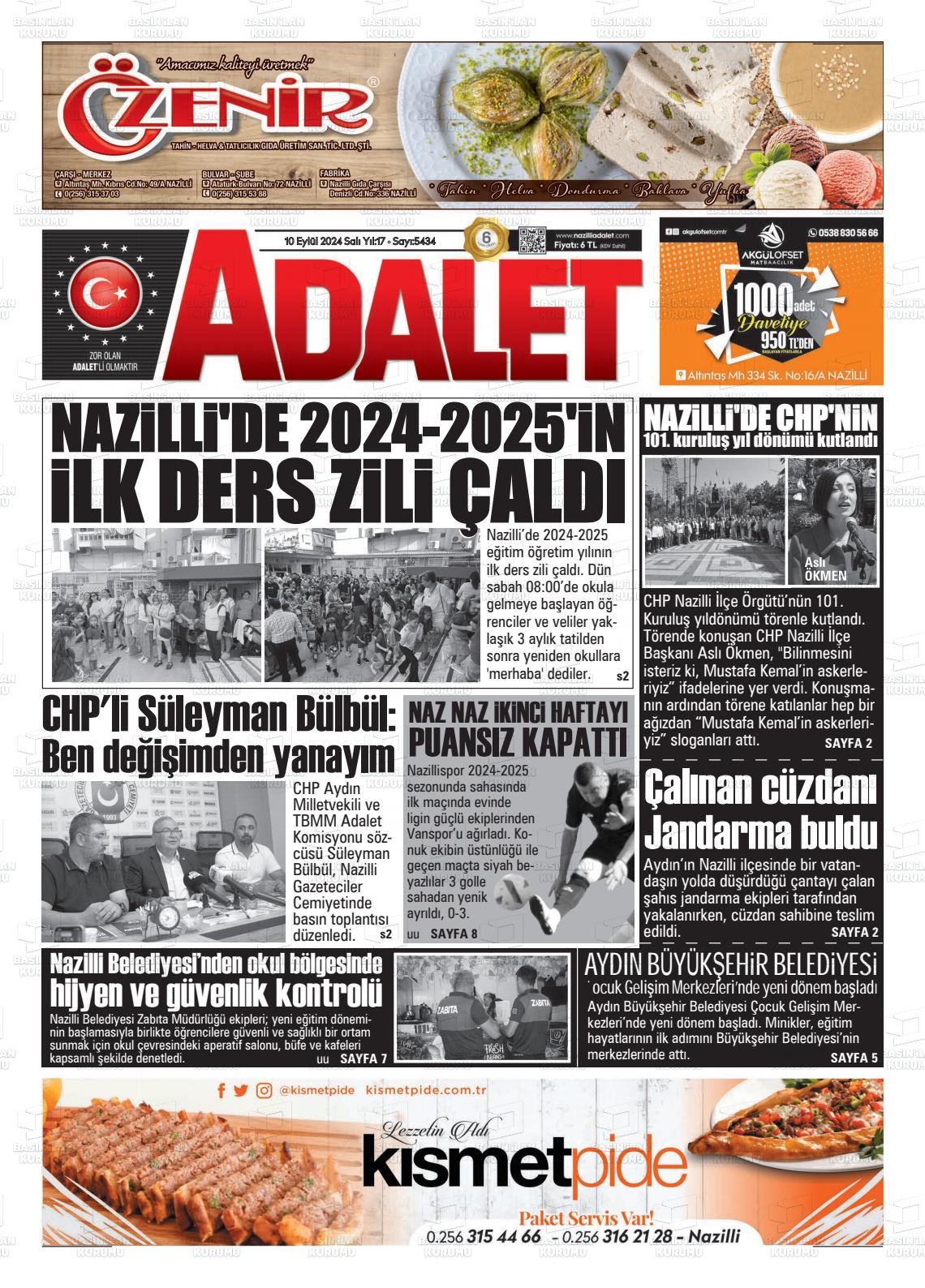 10 Eylül 2024 Nazilli Adalet Gazete Manşeti