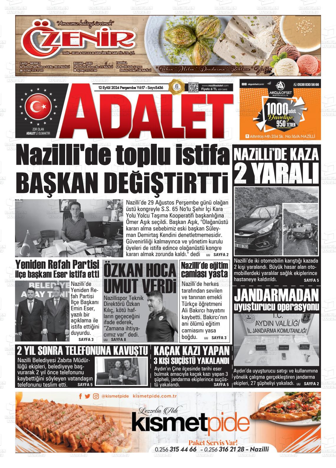 12 Eylül 2024 Nazilli Adalet Gazete Manşeti