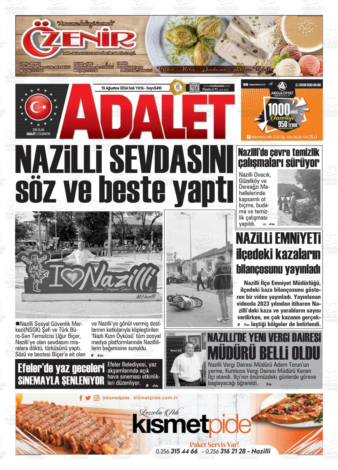 13 Ağustos 2024 Nazilli Adalet Gazete Manşeti