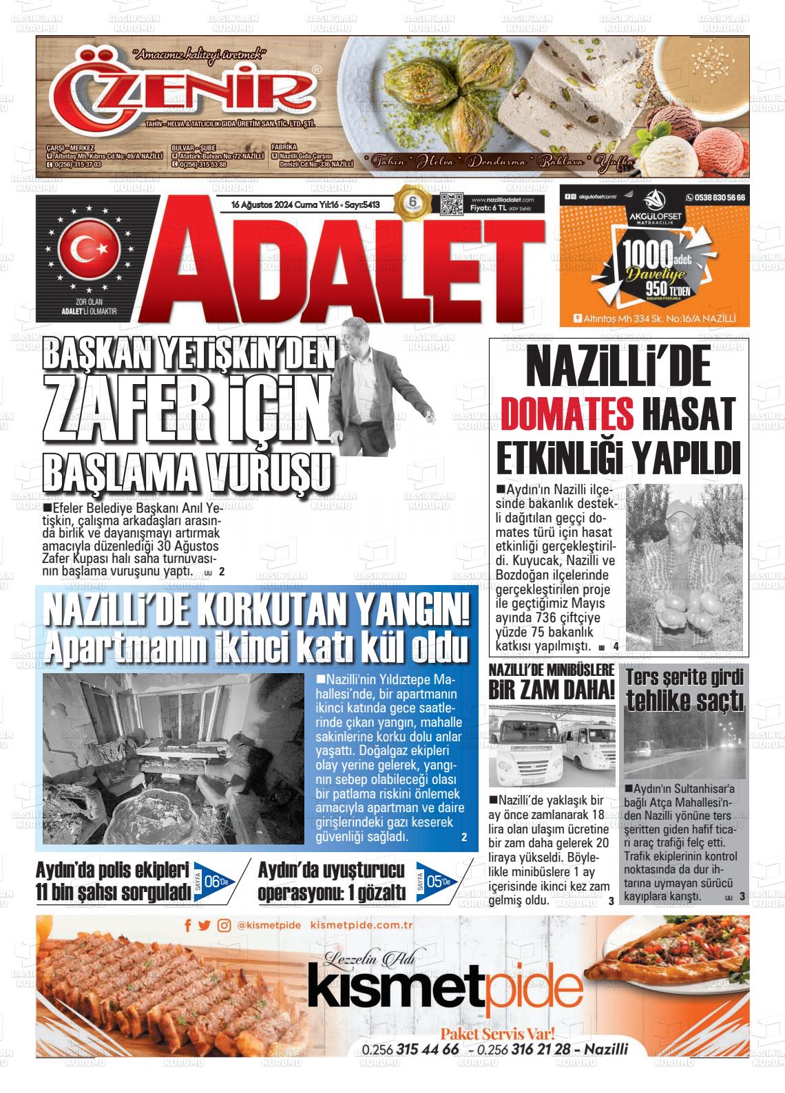 16 Ağustos 2024 Nazilli Adalet Gazete Manşeti