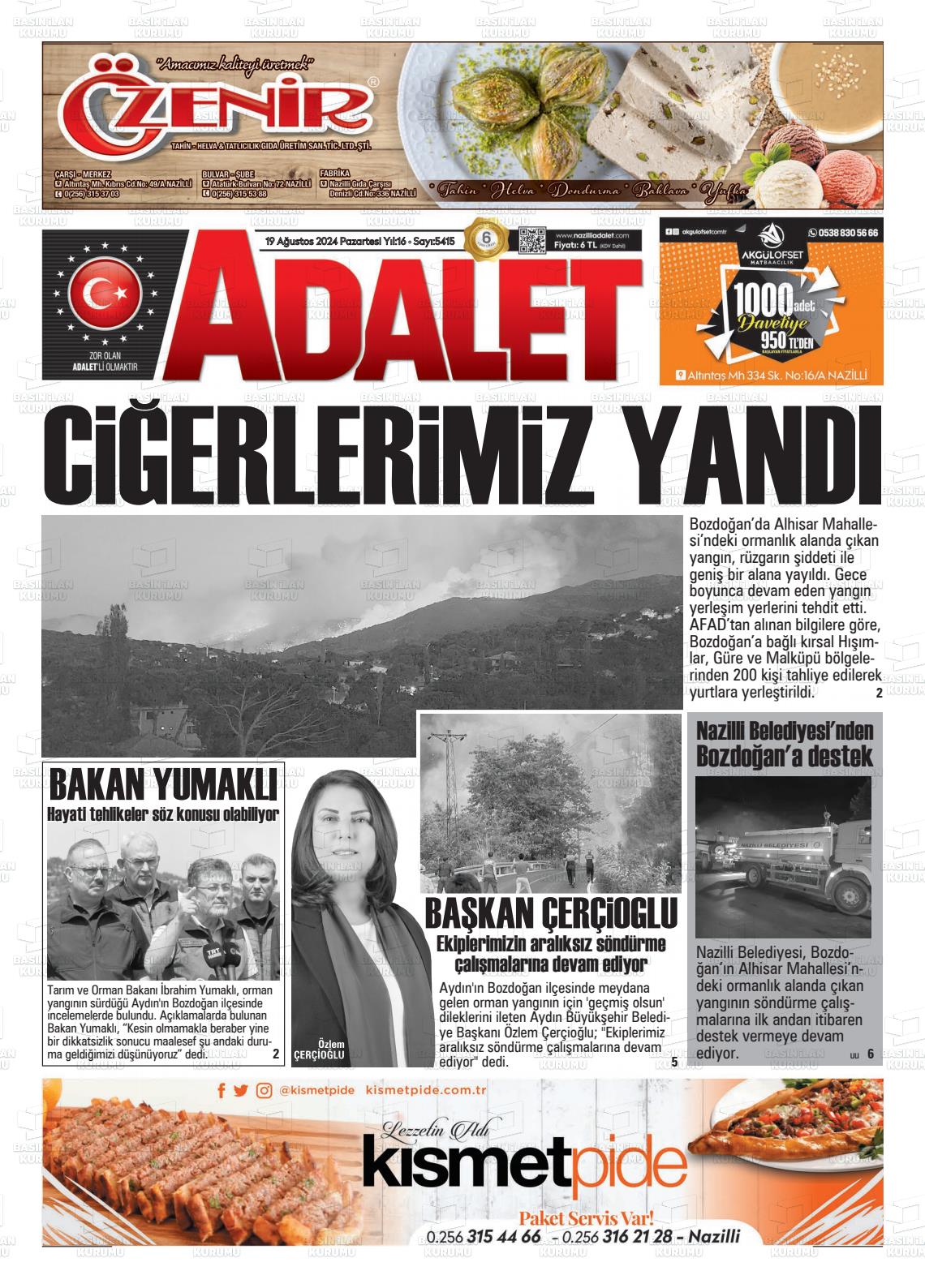 19 Ağustos 2024 Nazilli Adalet Gazete Manşeti