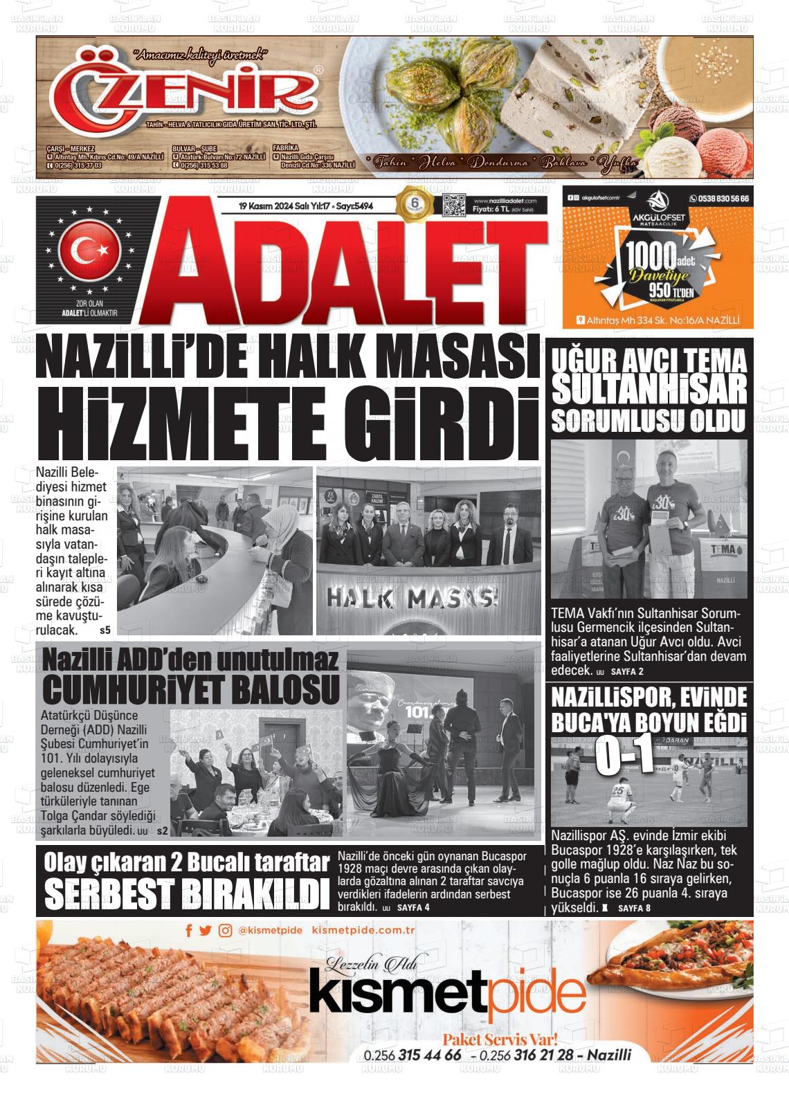 19 Kasım 2024 Nazilli Adalet Gazete Manşeti