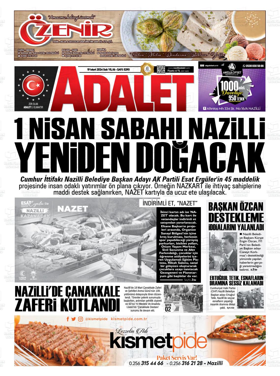 19 Mart 2024 Nazilli Adalet Gazete Manşeti