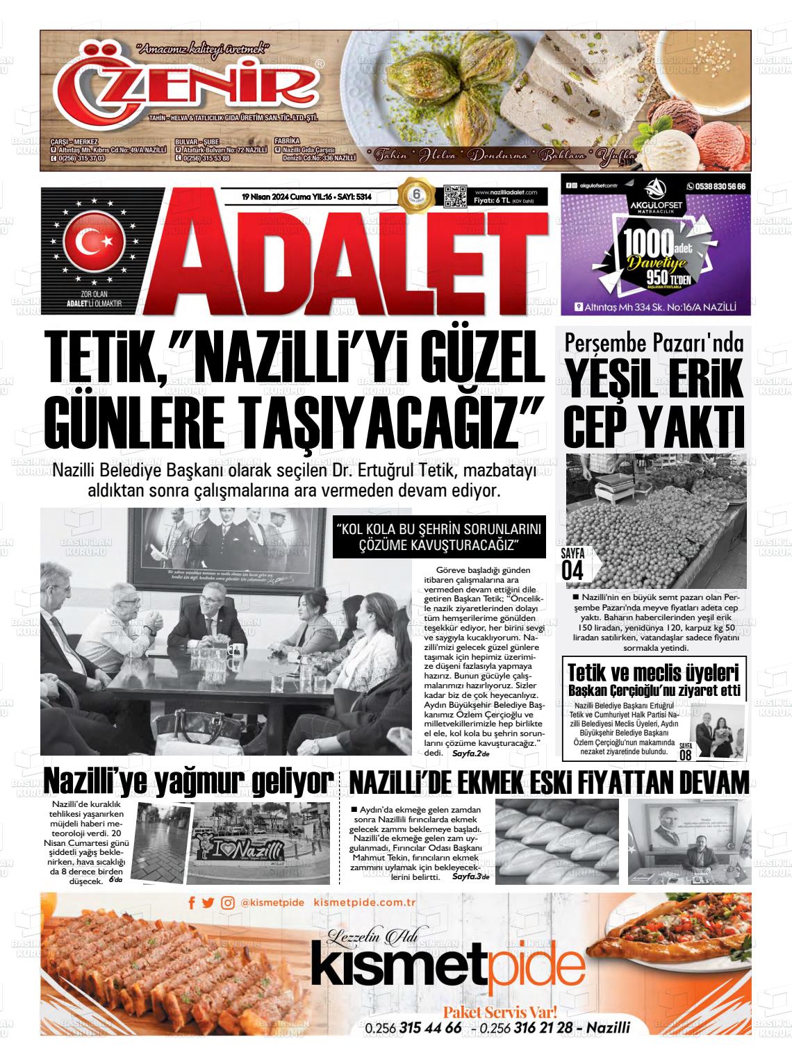 19 Nisan 2024 Nazilli Adalet Gazete Manşeti