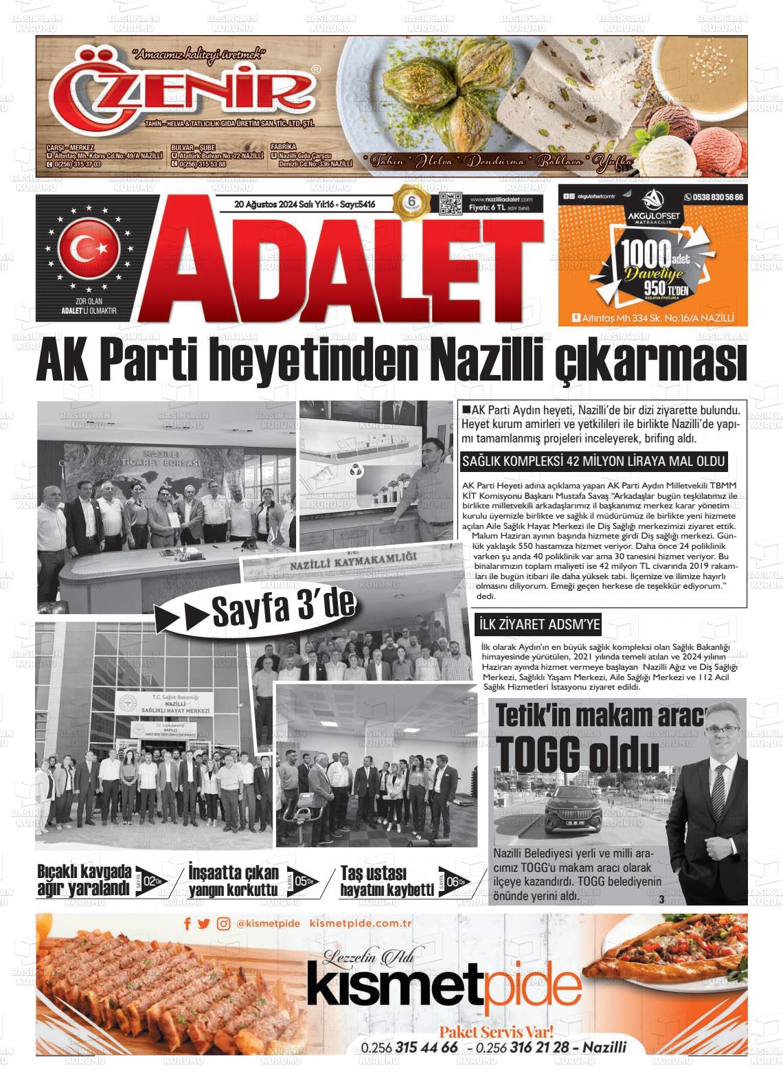 20 Ağustos 2024 Nazilli Adalet Gazete Manşeti